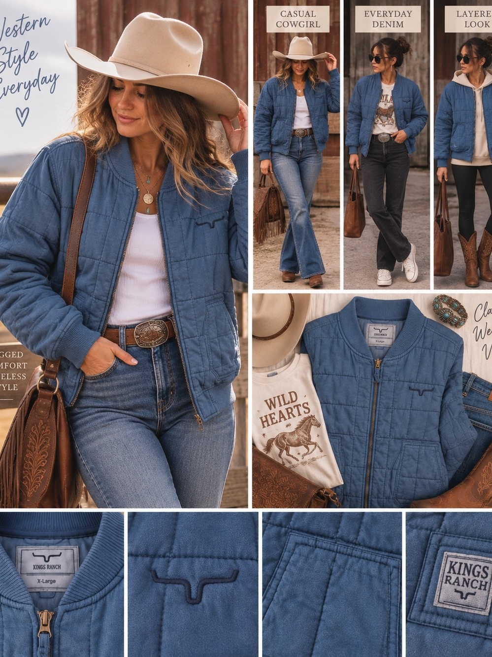 Kinmes Ranch Women’s Blue Quilted Bronc Bomber Jacket Western Cowgirl XXL NWT